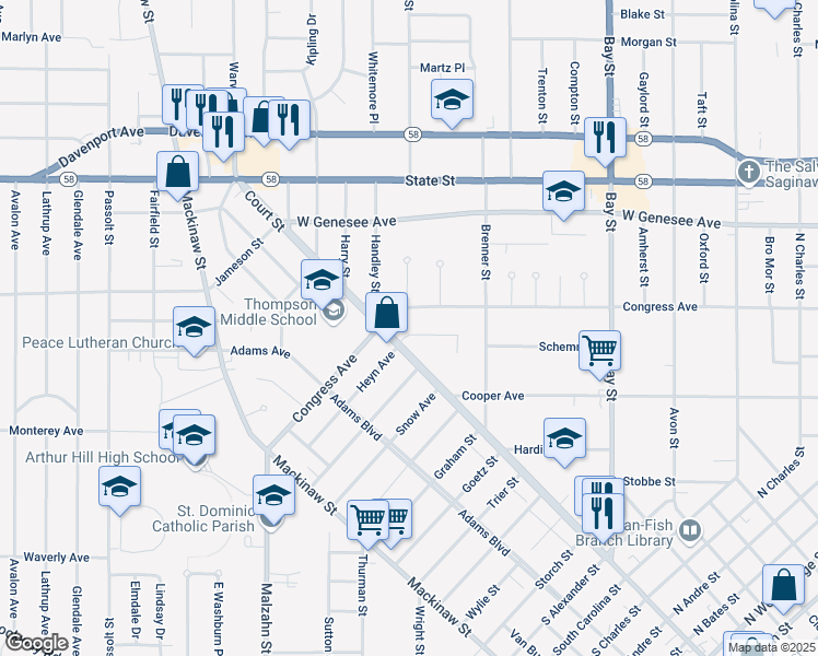 map of restaurants, bars, coffee shops, grocery stores, and more near 9 Elmview Court in Saginaw