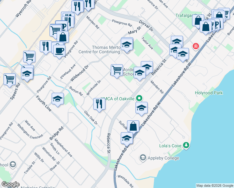map of restaurants, bars, coffee shops, grocery stores, and more near 210 Woodale Avenue in Oakville