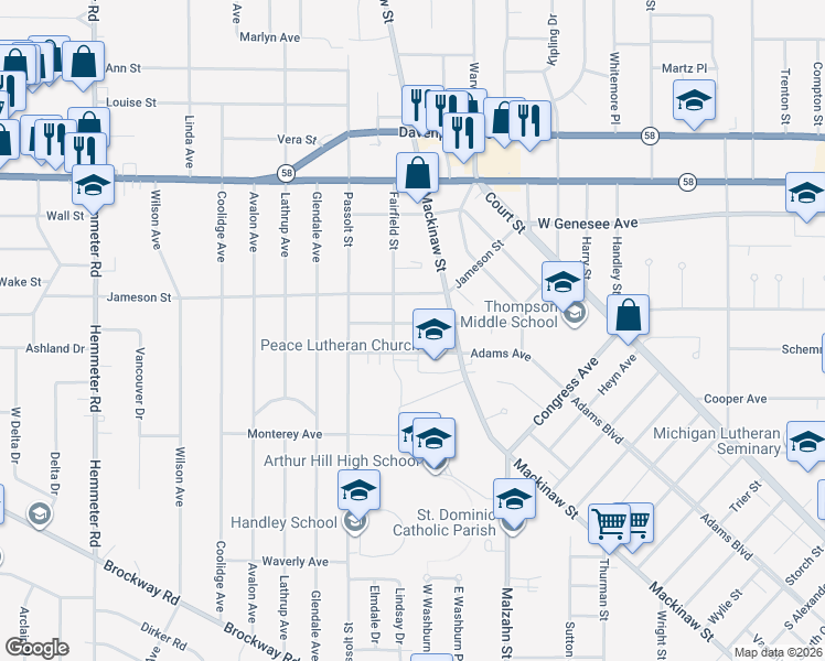 map of restaurants, bars, coffee shops, grocery stores, and more near 437 Hunter Street in Saginaw