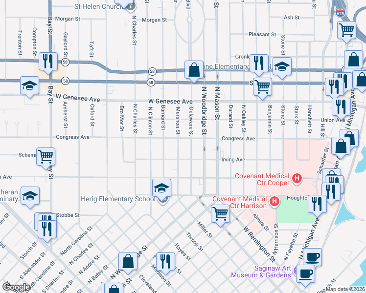 map of restaurants, bars, coffee shops, grocery stores, and more near 1724 Mershon Street in Saginaw