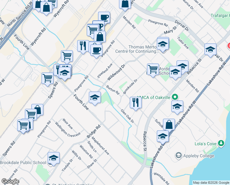 map of restaurants, bars, coffee shops, grocery stores, and more near in Oakville