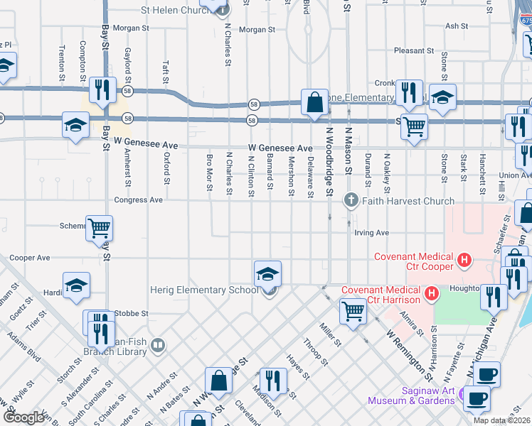 map of restaurants, bars, coffee shops, grocery stores, and more near 1727 Barnard St in Saginaw