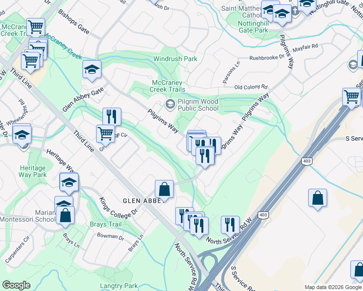 map of restaurants, bars, coffee shops, grocery stores, and more near 1514 Pilgrims Way in Oakville