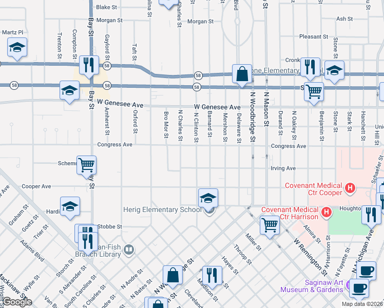 map of restaurants, bars, coffee shops, grocery stores, and more near 1727 North Clinton Street in Saginaw