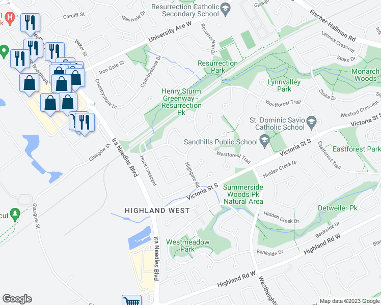 map of restaurants, bars, coffee shops, grocery stores, and more near 72 Highgate Road in Kitchener