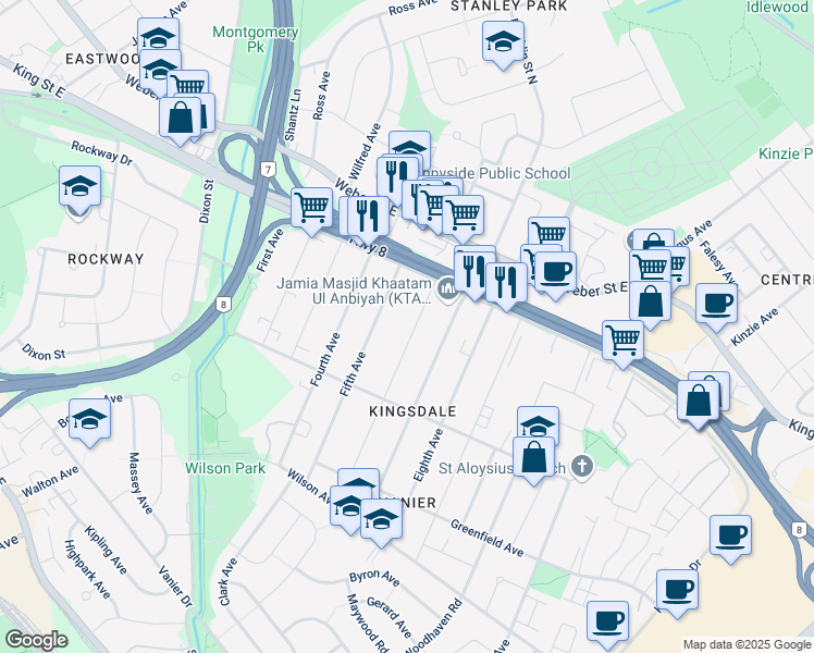 map of restaurants, bars, coffee shops, grocery stores, and more near 60 Sixth Avenue in Kitchener