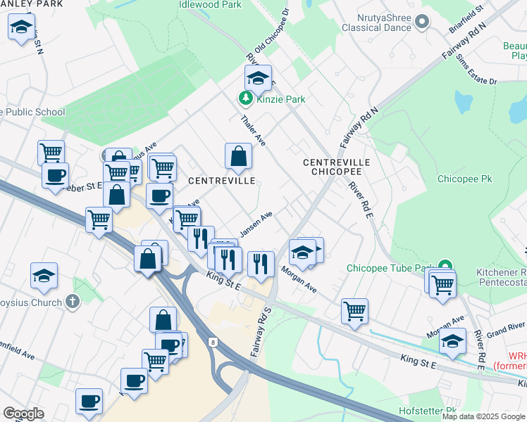 map of restaurants, bars, coffee shops, grocery stores, and more near 134 Jansen Avenue in Kitchener