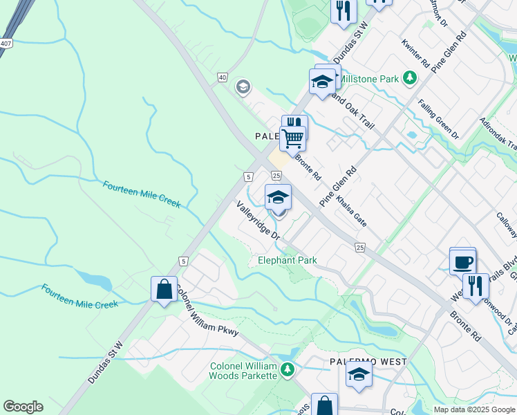 map of restaurants, bars, coffee shops, grocery stores, and more near 3064 Stornoway Circle in Oakville