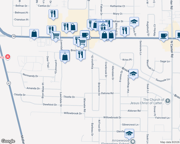 map of restaurants, bars, coffee shops, grocery stores, and more near 1681 Kingston Drive in Saginaw