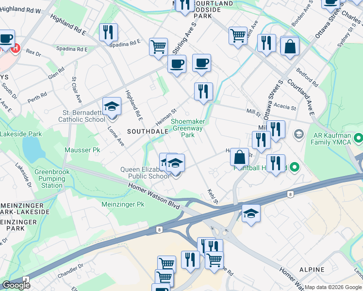 map of restaurants, bars, coffee shops, grocery stores, and more near 75 Kehl Street in Kitchener