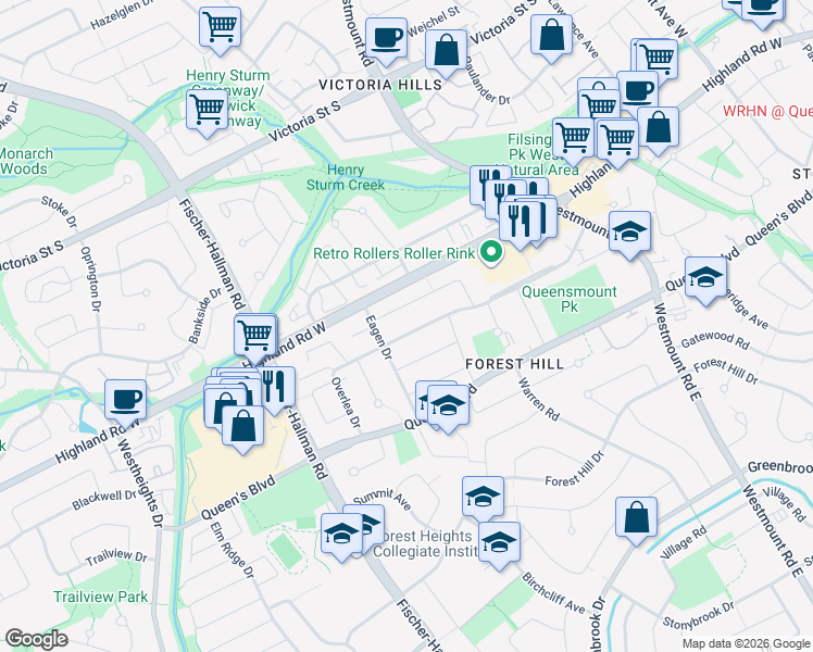 map of restaurants, bars, coffee shops, grocery stores, and more near 210 Overlea Drive in Kitchener