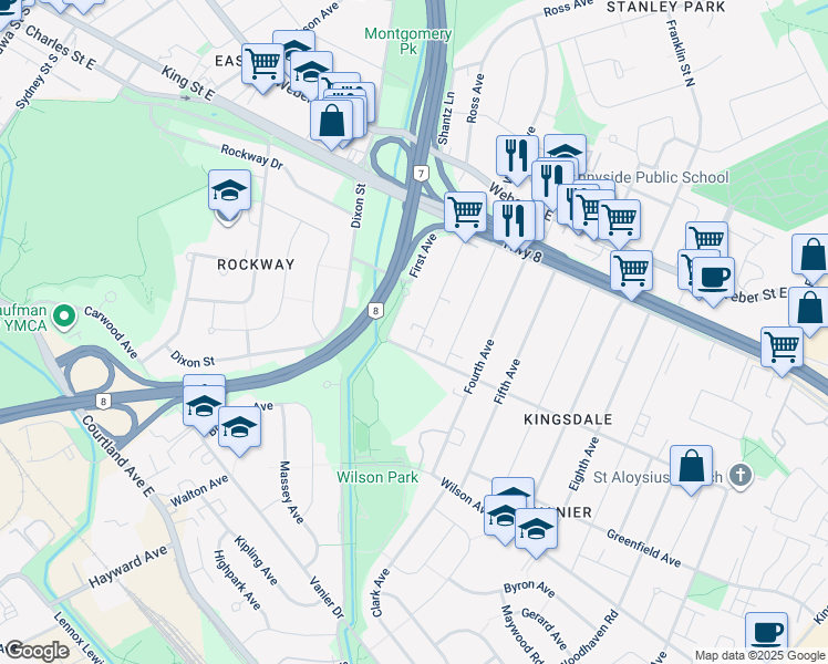 map of restaurants, bars, coffee shops, grocery stores, and more near 116 2nd Avenue in Kitchener