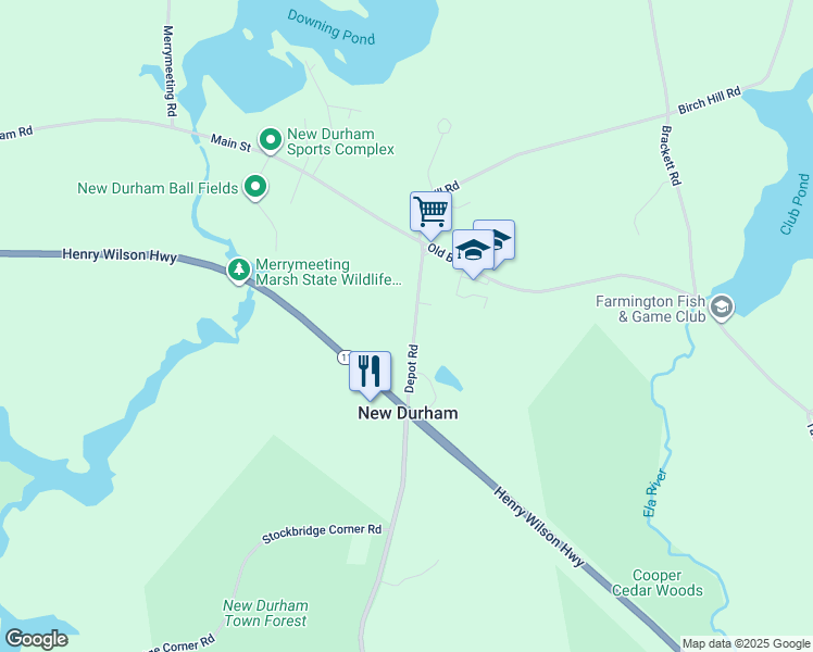 map of restaurants, bars, coffee shops, grocery stores, and more near 19 Depot Road in New Durham