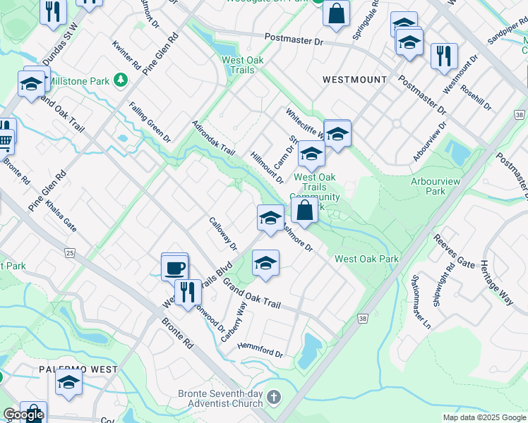 map of restaurants, bars, coffee shops, grocery stores, and more near 2253 Canonridge Circle in Oakville