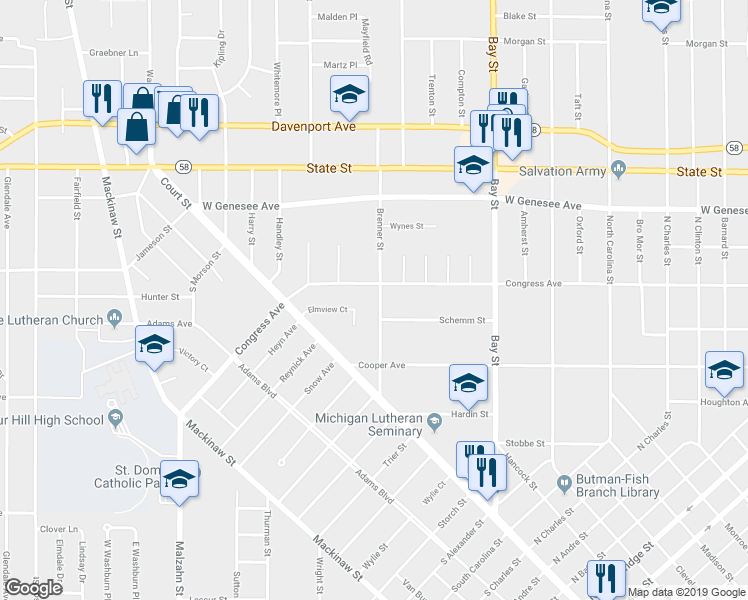 map of restaurants, bars, coffee shops, grocery stores, and more near 1721 Brenner Street in Saginaw