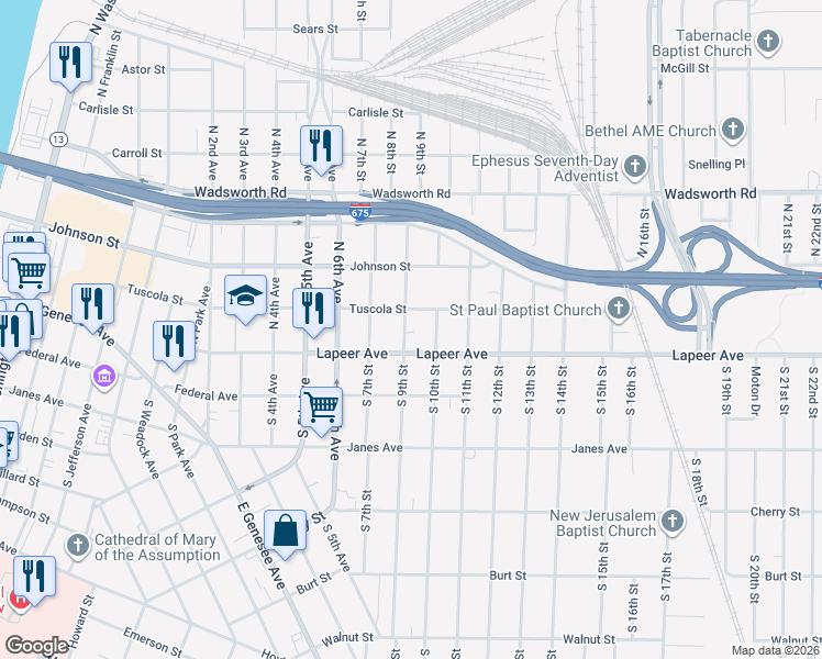map of restaurants, bars, coffee shops, grocery stores, and more near 120 North 9th Street in Saginaw