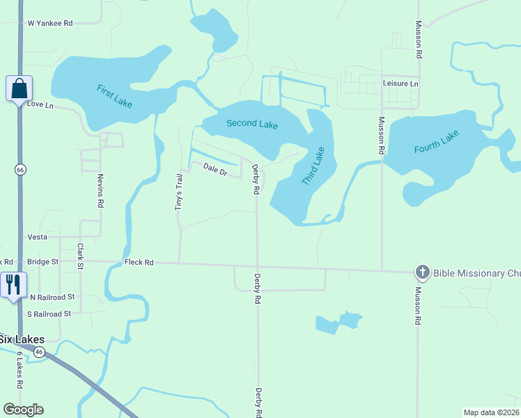 map of restaurants, bars, coffee shops, grocery stores, and more near 9791 Derby Road in Six Lakes