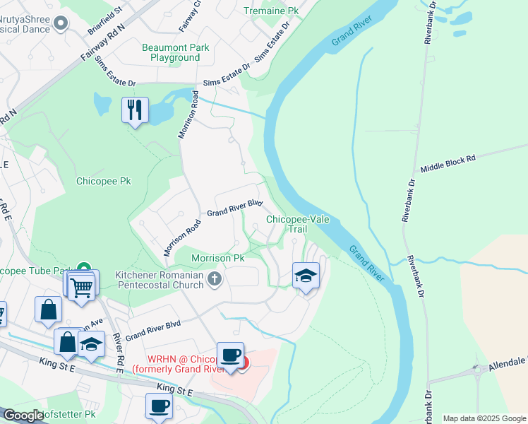 map of restaurants, bars, coffee shops, grocery stores, and more near 322 Grand River Boulevard in Kitchener