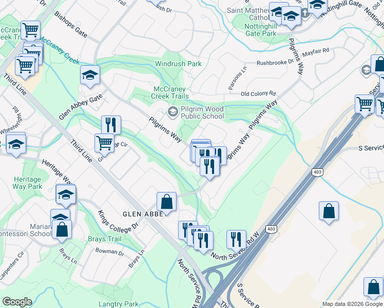 map of restaurants, bars, coffee shops, grocery stores, and more near 1508 Pilgrims Way in Oakville