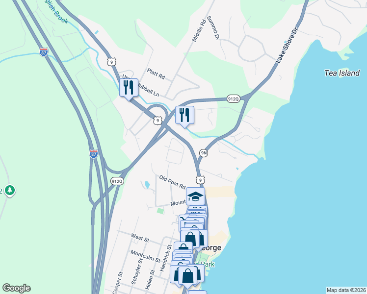 map of restaurants, bars, coffee shops, grocery stores, and more near 50 Nelson Street in Lake George