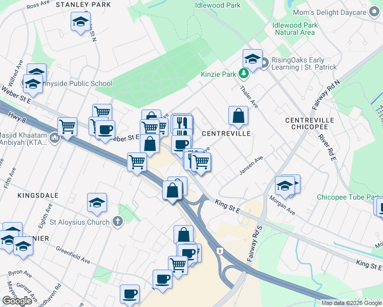 map of restaurants, bars, coffee shops, grocery stores, and more near 58 Kinzie Avenue in Kitchener