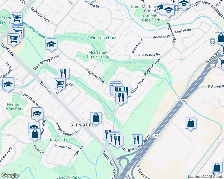 map of restaurants, bars, coffee shops, grocery stores, and more near 1479 Pilgrims Way in Oakville