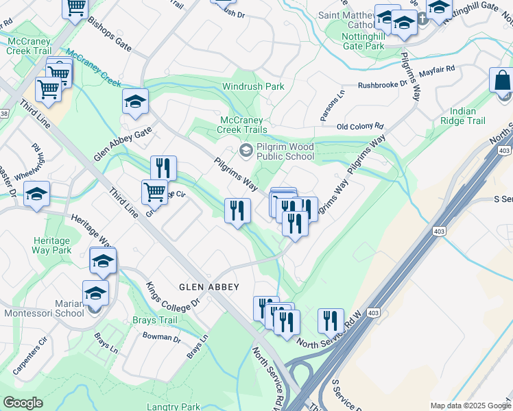 map of restaurants, bars, coffee shops, grocery stores, and more near in Oakville