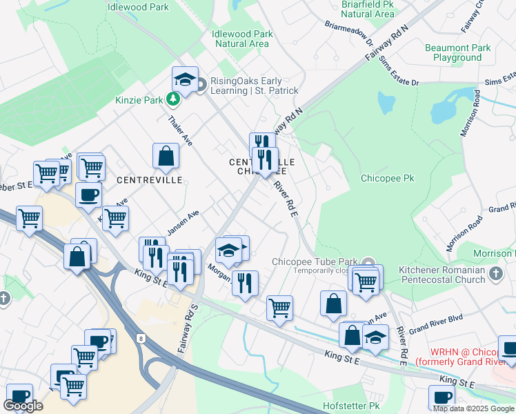 map of restaurants, bars, coffee shops, grocery stores, and more near 258 Thaler Avenue in Kitchener