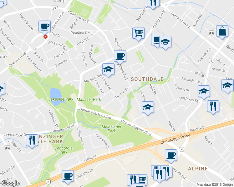 map of restaurants, bars, coffee shops, grocery stores, and more near in Kitchener