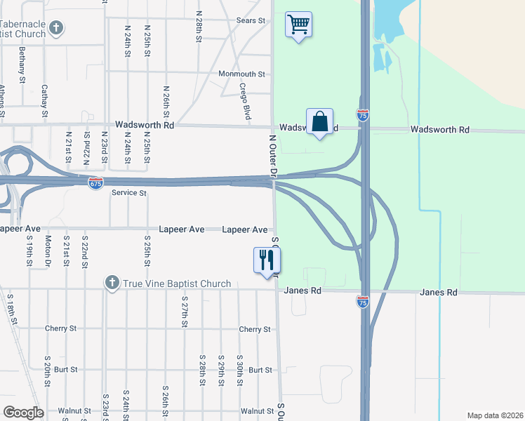 map of restaurants, bars, coffee shops, grocery stores, and more near 3381 Lapeer Avenue in Saginaw
