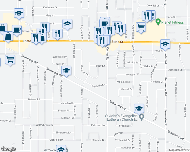 map of restaurants, bars, coffee shops, grocery stores, and more near 1640 Wenonah Lane in Saginaw