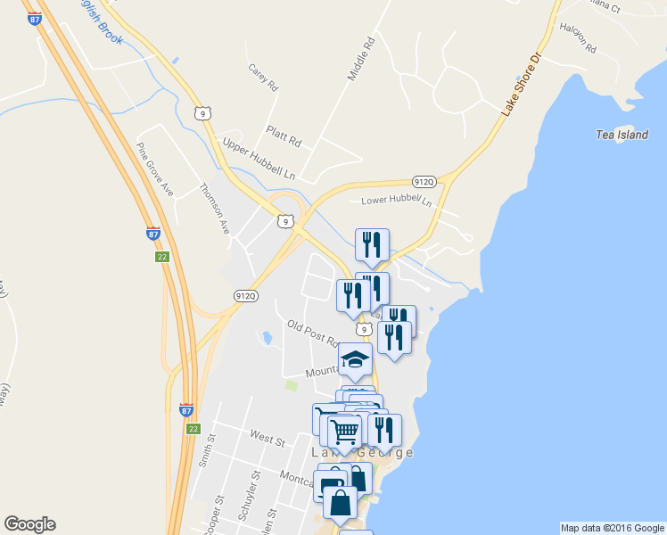 map of restaurants, bars, coffee shops, grocery stores, and more near Nelson Street & Shaw Street in Lake George