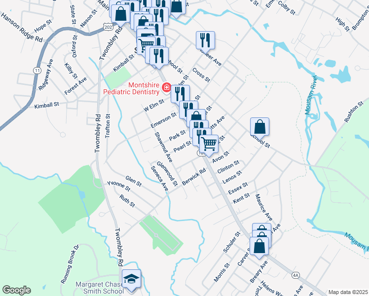 map of restaurants, bars, coffee shops, grocery stores, and more near 14 Pearl Street in Sanford