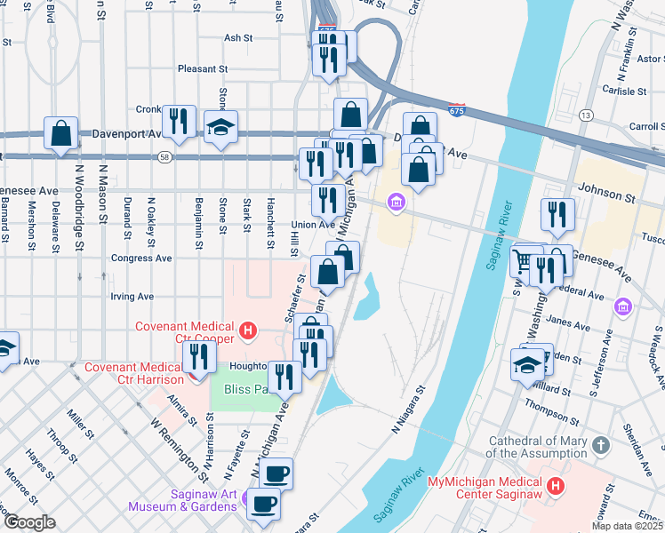 map of restaurants, bars, coffee shops, grocery stores, and more near 1800 North Michigan Avenue in Saginaw