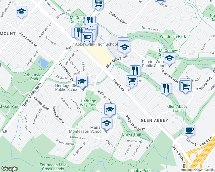 map of restaurants, bars, coffee shops, grocery stores, and more near 2037 Schoolmaster Circle in Oakville