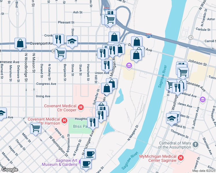 map of restaurants, bars, coffee shops, grocery stores, and more near 1800 North Michigan Avenue in Saginaw