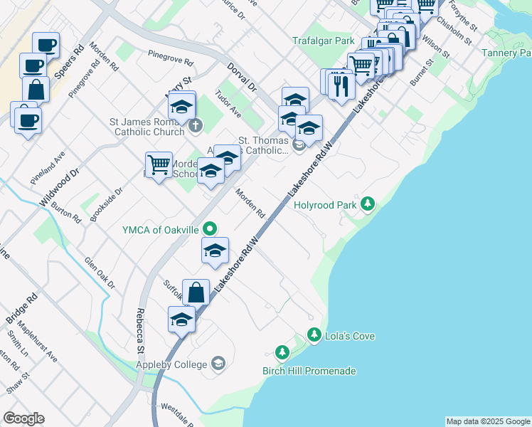 map of restaurants, bars, coffee shops, grocery stores, and more near 351 Lakeshore Road West in Oakville