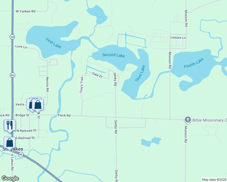 map of restaurants, bars, coffee shops, grocery stores, and more near 9791 Derby Road in Six Lakes
