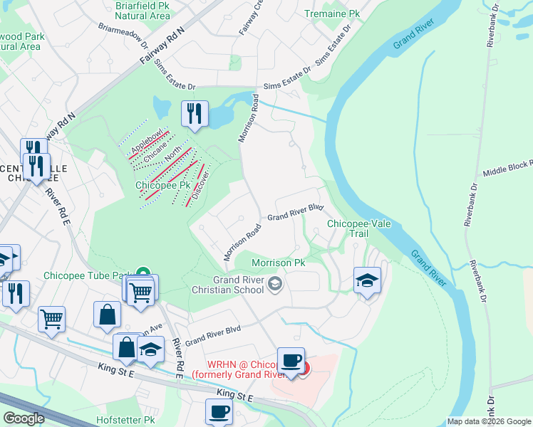map of restaurants, bars, coffee shops, grocery stores, and more near 399 Grand River Boulevard in Kitchener