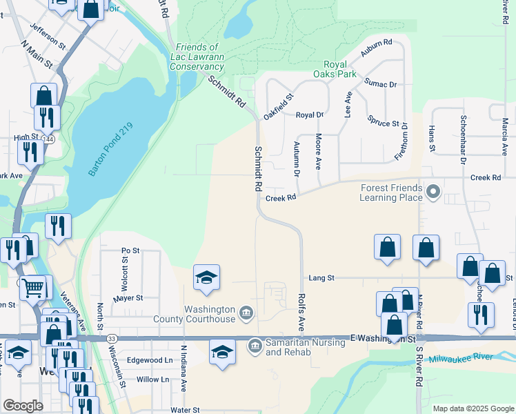 map of restaurants, bars, coffee shops, grocery stores, and more near Rolfs Avenue in West Bend