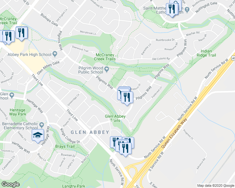 map of restaurants, bars, coffee shops, grocery stores, and more near in Oakville