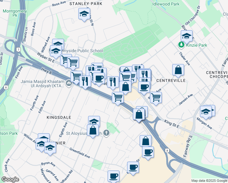 map of restaurants, bars, coffee shops, grocery stores, and more near 1333 Weber Street East in Kitchener