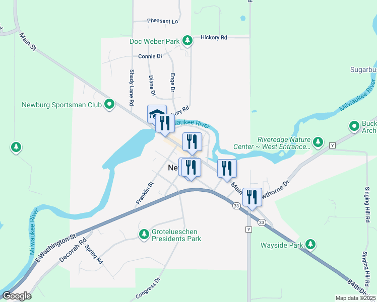 map of restaurants, bars, coffee shops, grocery stores, and more near 500 Main Street in Kewaskum