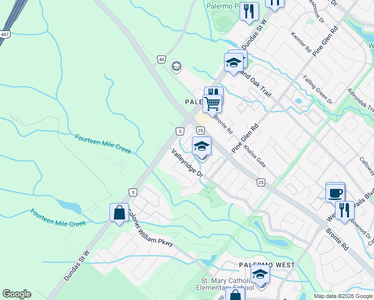 map of restaurants, bars, coffee shops, grocery stores, and more near Stornoway Circle in Oakville