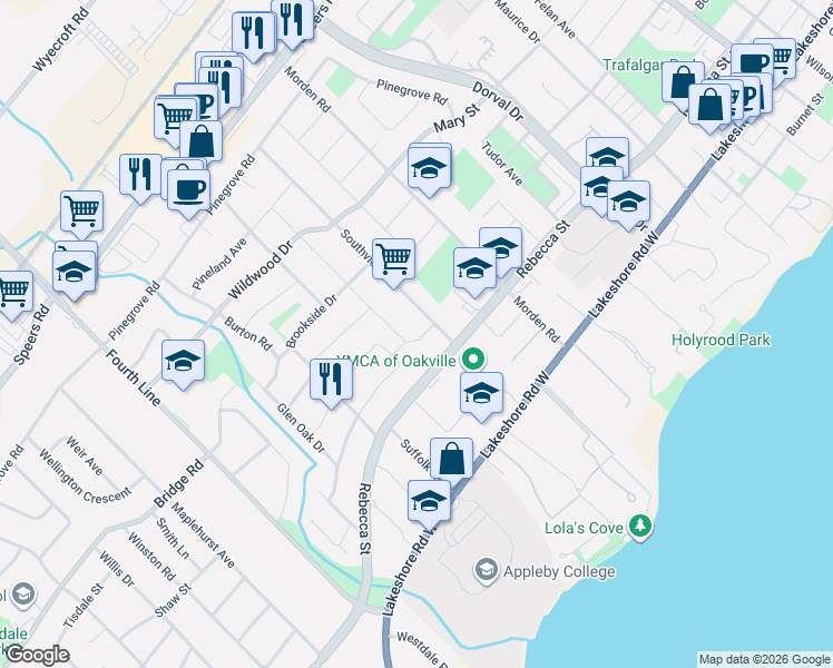 map of restaurants, bars, coffee shops, grocery stores, and more near 433 Jeanette Drive in Oakville