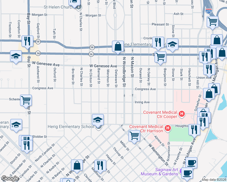 map of restaurants, bars, coffee shops, grocery stores, and more near 1724 Mershon Street in Saginaw