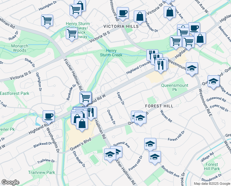 map of restaurants, bars, coffee shops, grocery stores, and more near 49 Eagen Drive in Kitchener