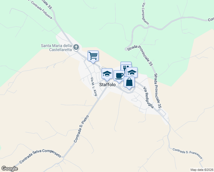 map of restaurants, bars, coffee shops, grocery stores, and more near in Staffolo