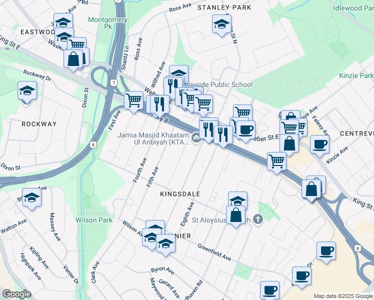 map of restaurants, bars, coffee shops, grocery stores, and more near 60 Sixth Avenue in Kitchener