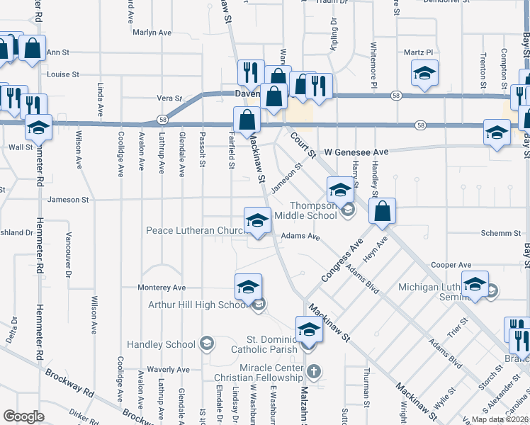 map of restaurants, bars, coffee shops, grocery stores, and more near 3303 Mackinaw Street in Saginaw